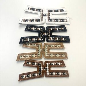 Bohemian Woven Plaid H-Strap Shoe Upper Vamps Collection: Leatherette Stitched Frame Cut-Out Patches in 4 Colors (White, Black, Tan, Brown) for Women's Sandals, Slides & Mules
