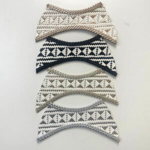 Artisanal Curved Woven Shoe Upper Patch with Geometric Aztec Pattern & Metallic Braided Edging for High-End Resort Sandals & Mules