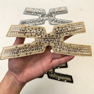 Heavy Hand-Beaded X-Strap Shoe Upper Vamps Collection: Bugle Bead Embroidery with Metallic Cord Trim in 3 Colors (Silver, Gold, Black) for Women's Sandals, Mules & Slides