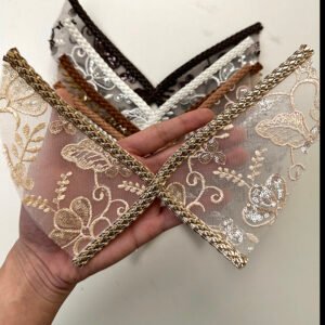 Custom V-Neck Sheer Mesh Shoe Vamp Components, Sequin Floral Lace Patches with Braided Trim in Assorted Colors for Shoe Factory Sourcing