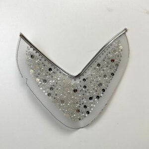 Custom Hand-Embroidered Silver Mesh Shoe Upper Component, V-Cut Sheer Patch with Sequins & Pearls for Luxury Shoe Factory Sourcing