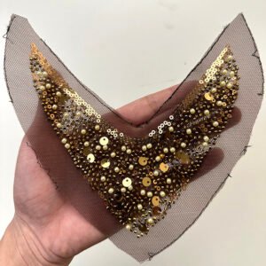 Heavy Hand-Beaded V-Shape Sheer Mesh Shoe Upper Vamp with Pearls and Gold Sequins for Women's Evening Sandals & Pumps